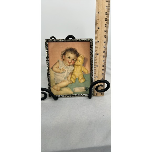 Vintage  Charlotte Becker Framed Litho Print Baby with Teddy Bear 4" x 5" - Picture 3 of 3